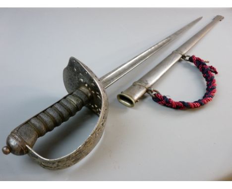 AN EDWARD VII INFANTRY OFFICER'S SWORD, fish skin grip behind a pierced hilt, the etched steel blade marked 'D. Jones, 136 De