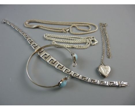 A 925 SILVER GRADUATED BANGLE, a narrow 925 silver bangle with two oval blue stones and sundry 925 silver chains etc, total 6