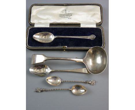 A CASED PRESENTATION SILVER SPOON, initialled 'J', a pair of apostle spoons with twist handles and another Georgian silver sp