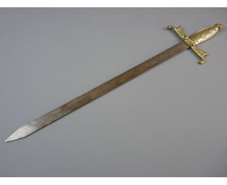 A STRAIGHT STEEL BLADED SHORT SWORD, blade length 52 cms with a brass Celtic style decorative handle