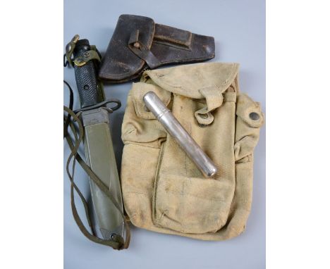 A HALLMARKED SILVER CIGAR TUBE with modern military memorabilia to include a captured Iraqi ammunition pouch, a vintage leath