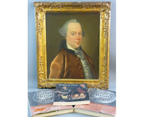 Attributed to JOSEPH WRIGHT of Derby, oil on canvas - possibly a self portrait, 51 x 41 cms together with three books relatin