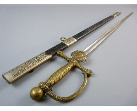 A RARE CIRCA 1900 IMPERIAL GERMAN RAILWAY OFFICER'S SWORD, brass hilt with globe pommel and shellguard intact, the 72.5 cms p