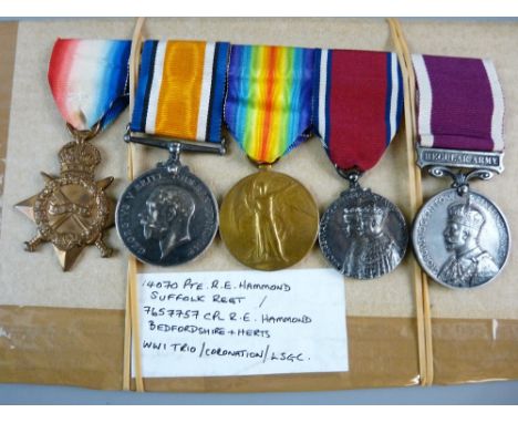 MEDALS - WWI TRIO, JUBILEE AND LSGC GROUP to 14070 Pte. R. E. Hammond.SUFF.R., the Long Service and Good Conduct medal with r