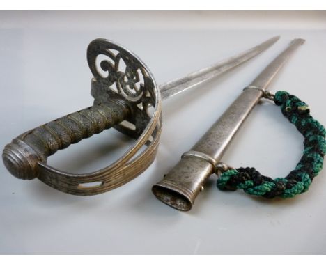 A RIFLE VOLUNTEER'S 1827 PATTERN OFFICER'S SWORD in metal scabbard, fish skin grip and pierced hilt with regimental emblem, 8