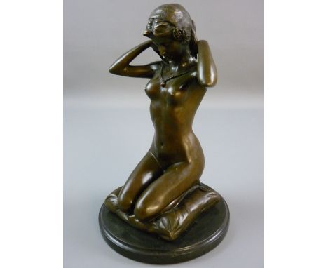 AFTER PAUL PONSARD BRONZE NUDE FEMALE 'New Necklace', reproduction lost wax casting of a nude female kneeling on a pillow, in