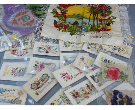 A COLLECTION OF WARTIME SILKS & SWEETHEART CARDS to include embroidered and printed panels for Tripoli and Tunisi, Souvenir o