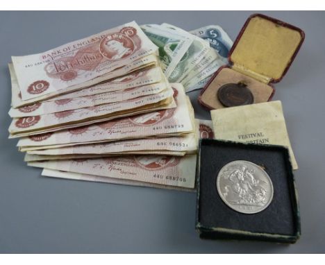 A CASED ROYAL LIFE SAVINGS SOCIETY BRONZE MEDAL 1891, a Festival of Britain 1951 crown in a green box and a parcel of British