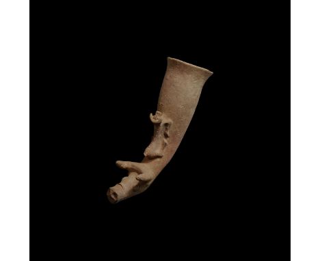 1st millennium BC. A ceramic rhyton with bell-shaped body, bull-head finial with crescent horns and applied disc eyes, apertu