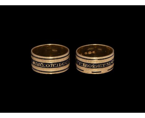 Dated 1802 AD. A flat-section gold memorial ring with three black enamel bands, the median with reserved text in capitals '::