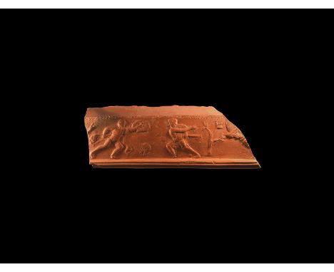 4th century AD.&nbsp;A section of rim of a shallow rectangular dish depicting two male figures; the left naked and fleeing to