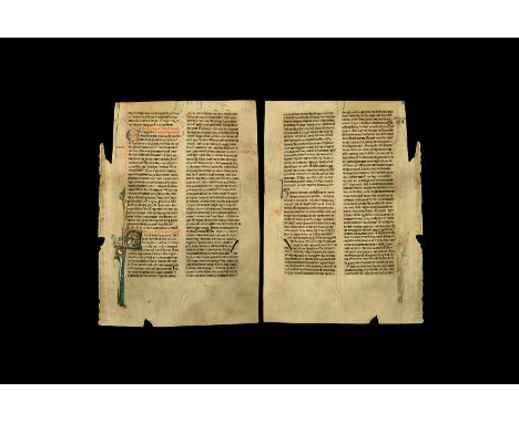 13th century AD. An English manuscript bible leaf with blackletter Latin text in two columns to each face, dry-point layout l