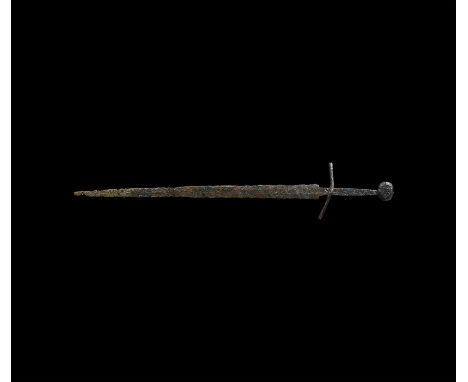 14th century AD. A substantial iron long sword relic with tapering two-edged blade, rounded tip, shallow fuller to each face,