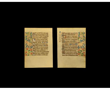Circa 1430 AD. A parchment leaf from a Book of Hours from Rouen, Normandy, with block of blackletter text to each face; gold 