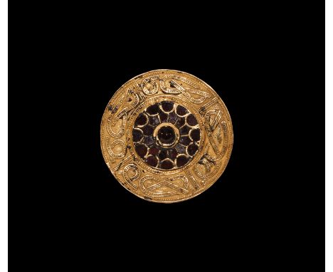 6th-7th century AD. A gold disc plaque with three loops to the reverse, outer band of four Style II interlaced serpent motifs