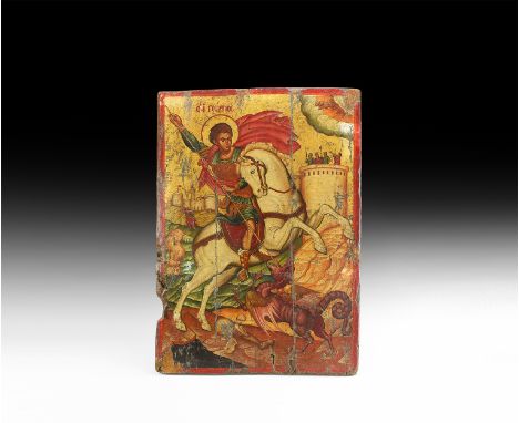 Mid 17th century AD. A rectangular wooden board with painted icon on a prepared surface; red painted border enclosing an imag