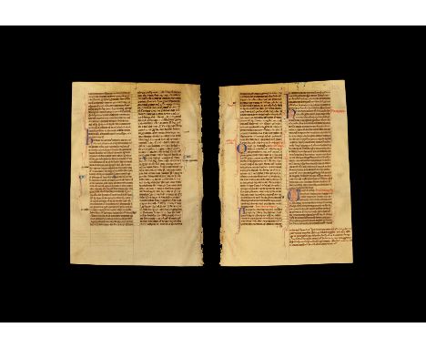 13th century AD. An English manuscript leaf with small Gothic blackletter Latin text in two columns of lines to each face, dr