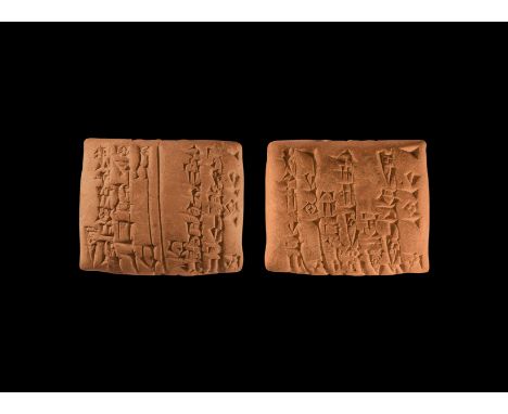Dated to 2028 BC. A pillow-shaped terracotta messenger tablet from the palace archive of the Sumerian city Iri-Sa?rig with cu