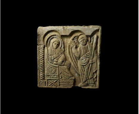 11th century AD or later. A rectangular carved sandstone architectural panel with frieze depicting Virgin Mary seated on an e