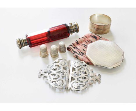 A Collection of Assorted Silver and Objects of Vertu, including a cranberry glass double-ended scent-bottle with silver plate