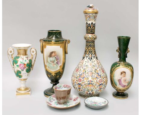 A Collection of Ceramics and Glass, including a Chinese porcelain beaker and saucer, Yongzheng, cafe au lait ground and paint