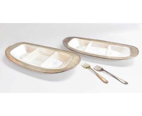 A Pair of George VI Silver and Glass Serving-Dishes, by Viners Ltd., Sheffield, 1935, each oval and with three sections, each