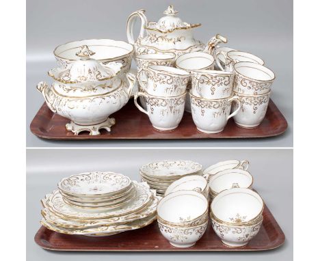 An English Porcelain Tea and Coffee Service, circa 1830, probably Ridgeway with gilt decoration (two trays)