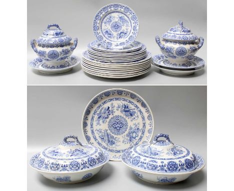 A Spode Pearlware Part Dinner Service, circa 1820, printed in underglaze blue in the "Trophies Etruscan" pattern, comprising: