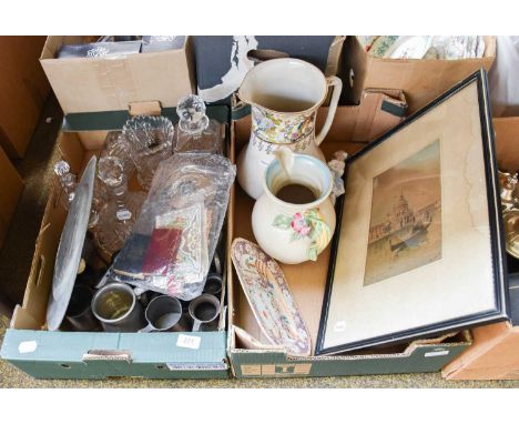 Two Boxes of Assorted Including, a Clarice Cliff jug, 18th century Chinese porcelain dish, Art and Crafts pewter dish, pewter