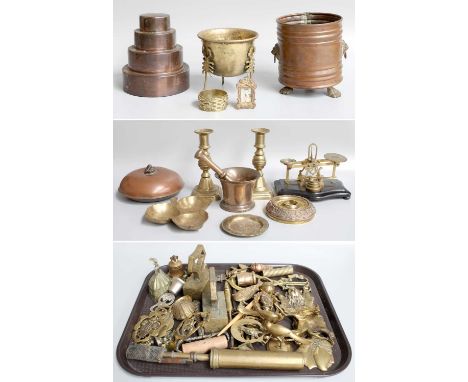 Assorted Brass, Copper and Mixed Metalwares, including a set of postal scales, a pestle and mortar, a copper mould, various h