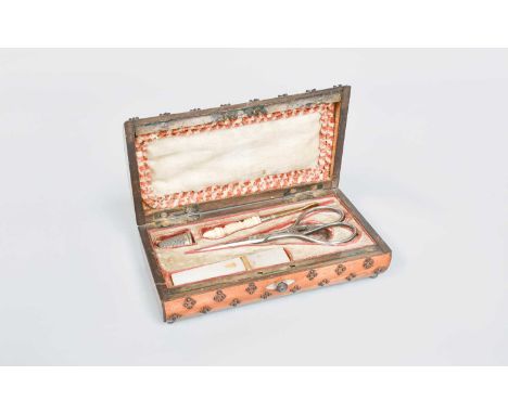 A French Satinwood Cased Necessaire, the domed oblong box applied metal stud-work, with mother-of pearl navette panel and dro