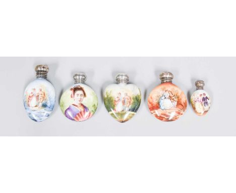 Five Various Silver-Mounted Ceramic Scent-Bottles, the ceramic bodies painted variously on four with amorous couples in lands