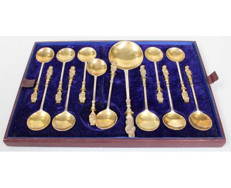 A Set of Twelve Victorian Parcel-Gilt Silver Apostle-Spoons and a Matching Serving-Spoon, by Richard Martin and Ebenezer Hall