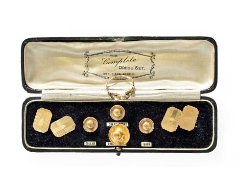 A Pair of Cufflinks and Four Dress Studs, each stamped '9CT'; and A Split Pearl Ring, unmarked, finger size OThe pieces are i