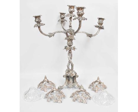 A Victorian Silver Plate Five-Light Candelabrum Centrepiece, Second Half 19th Century, on trefoil base and with twisted branc