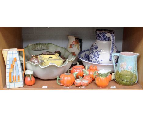 Various Ceramics, including Stoneware lamb form mould, various jugs, part wash set, etc (one shelf)