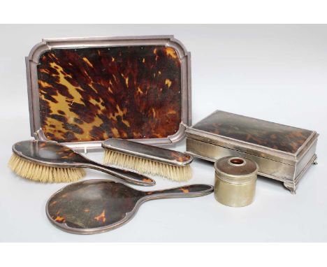 A George V Silver and Tortoiseshell Jewellery-Box, by Percy James Finch, Birmingham, 1922, oblong and on four tapering block 