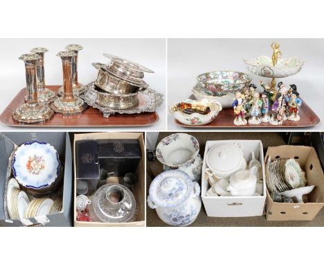 Miscellaneous Decorative Items, including a Sitzendorf monkey band, silver plated bottle coasters, silver plated tray, variou