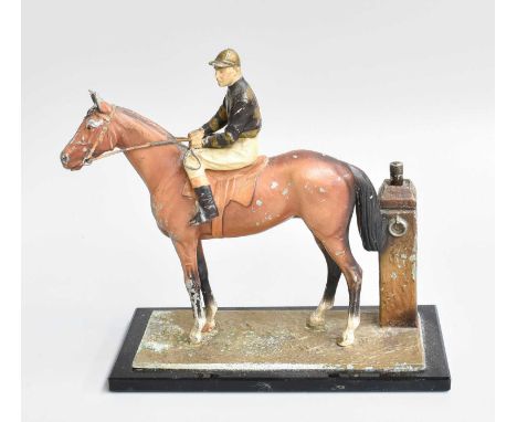 A Cold Painted Metal Table Lighter, as a horse and jockey