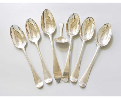 A Set of Four George II Silver Table-Spoons, Hanoverian pattern and with fancy back, engraved with initials; Together With a 