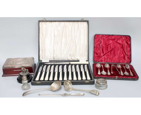 A Collection of Assorted Silver and Silver Plate, including a pair of silver-mounted frosted glass condiment items, the glass
