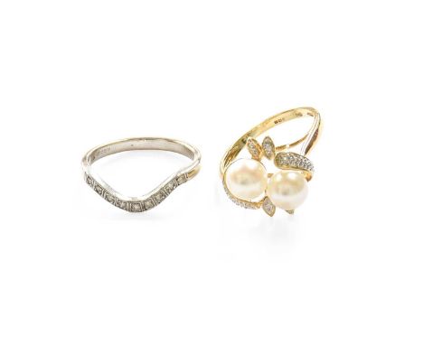 An 18 Carat White Gold Diamond Wishbone Ring, finger size M1/2; and A 9 Carat Gold Cultured Pearl and Diamond Ring, finger si