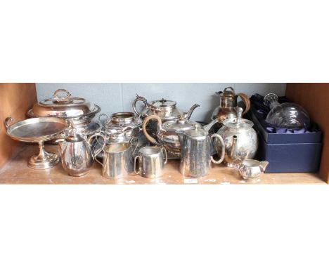 A Collection of Assorted Silver Plate, including a teapot, struck three times with Matthew Boulton sun mark; two entree-dishe