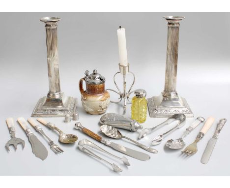 A Collection of Assorted Silver and Silver Plate, including a pair of silver candlesticks; a silver mounted salt-glazed stone