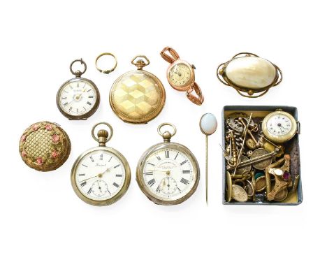 A 9ct Gold Watch, mourning ring, two silver pocket watches, gilt and plated pocket watches, costume jewellery etc