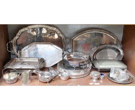 A Collection of Assorted Silver Plate, including various tea-trays; Together With a silver small rose-bowl and salt-cellar, (