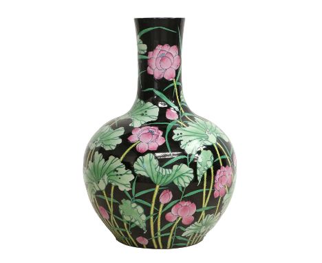 A Large Chinese Porcelain Bottle Vase, 20th Century, black ground and painted with a lotus pond, Qianlong seal, 62cm highNo d