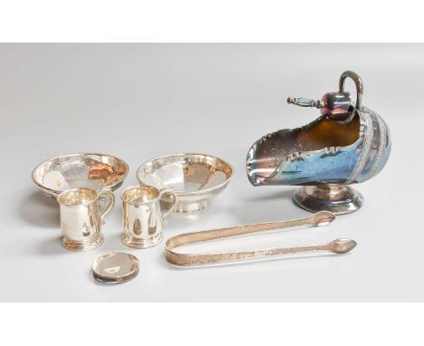 A Collection of Assorted George III and Later Silver, comprising a pair of George III silver sugar-tongs, a pair of George V 