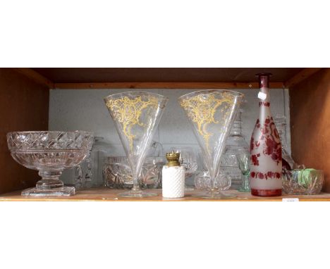 A Pair of 19th Century Gilt Scroll Highlighted Flattened Trumpet Vases and a Victorian Ruby Glass Gin Decanter, together with