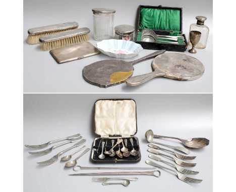 A Collection of Assorted Silver and Silver Plate, the silver including various engine-turned dressing-table items; an engine-